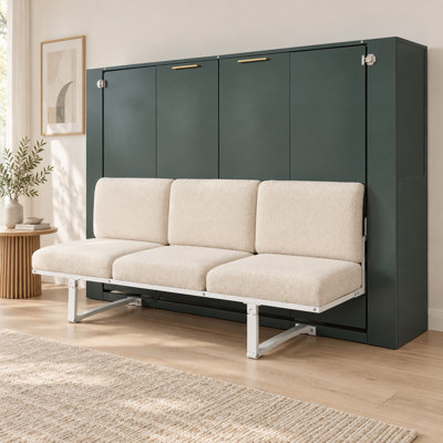 Orvessia Full Murphy Bed and Sofa Combination with Four Interior Storage Shelves, Built-In USB Charging Port, Upholstered Daytime Seating, Foldaway Cabinet Design, 600 lb Capacity