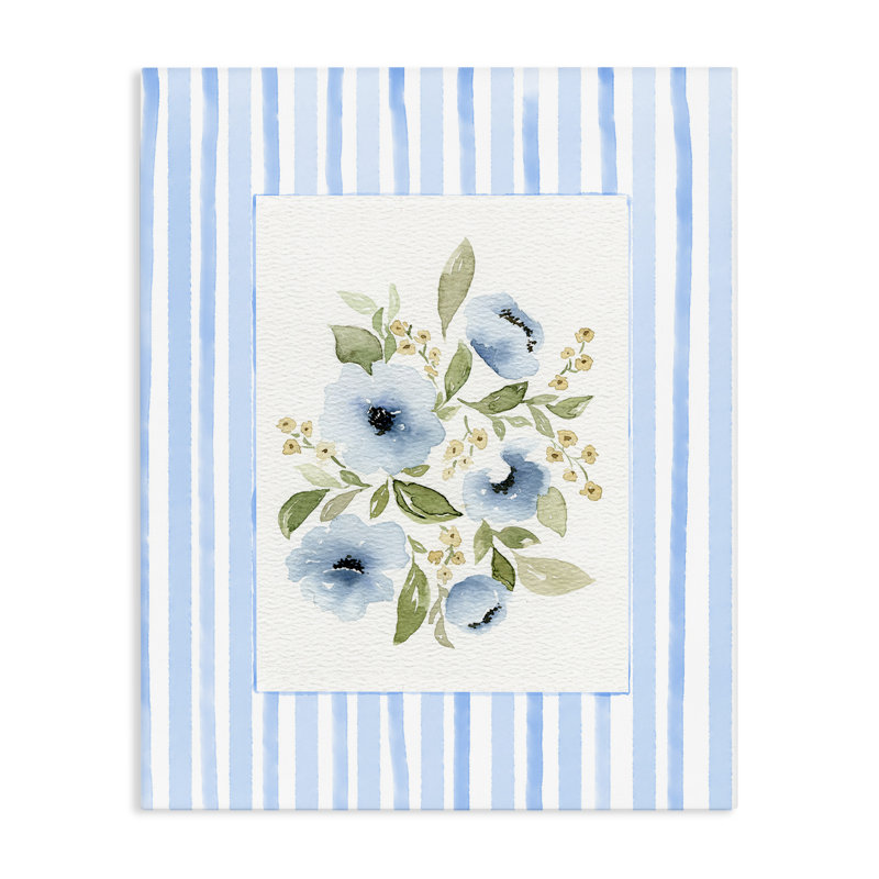 Fleurs avec toile à rayures bleues, design par Leah Noel Art, H 30 po x l 24 po