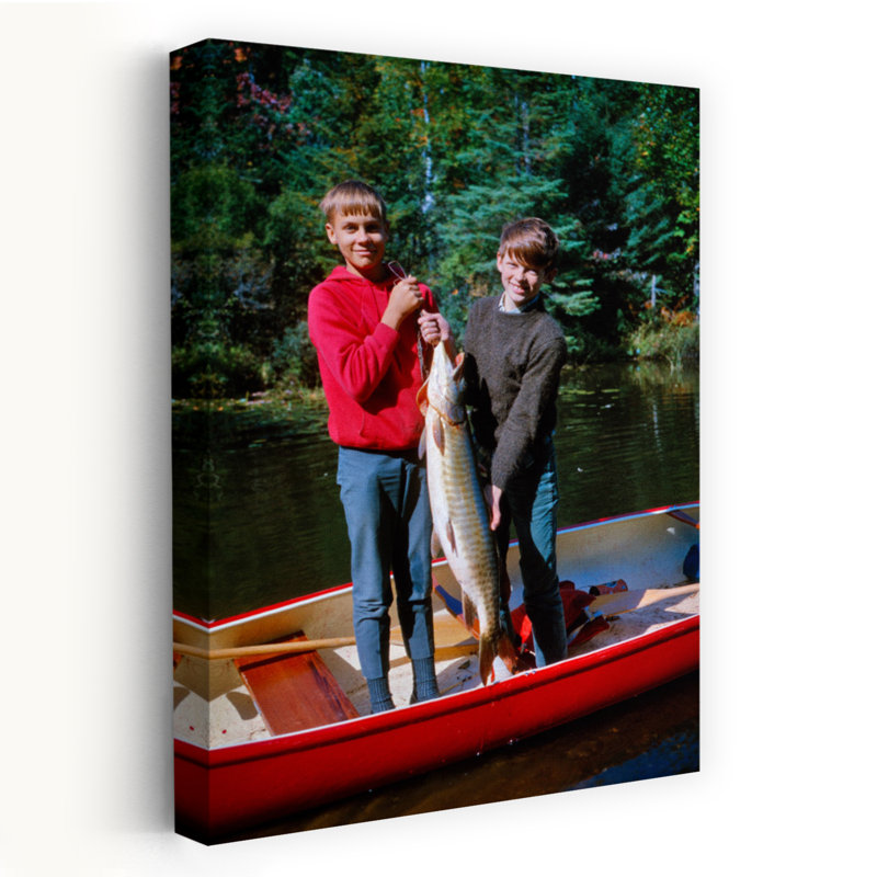 1960S Two Smiling Boys Brothers Standing In Red Canoe Looking At Camera Holding Up Big Fish Ballard Lake Northern Wisconsin Usa Contemporary Fish N...