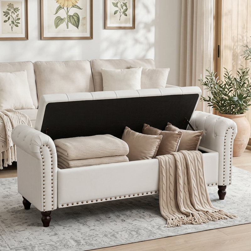 Bedroom Bench With Storage, White, 22" H x 55.7" W x 18" D