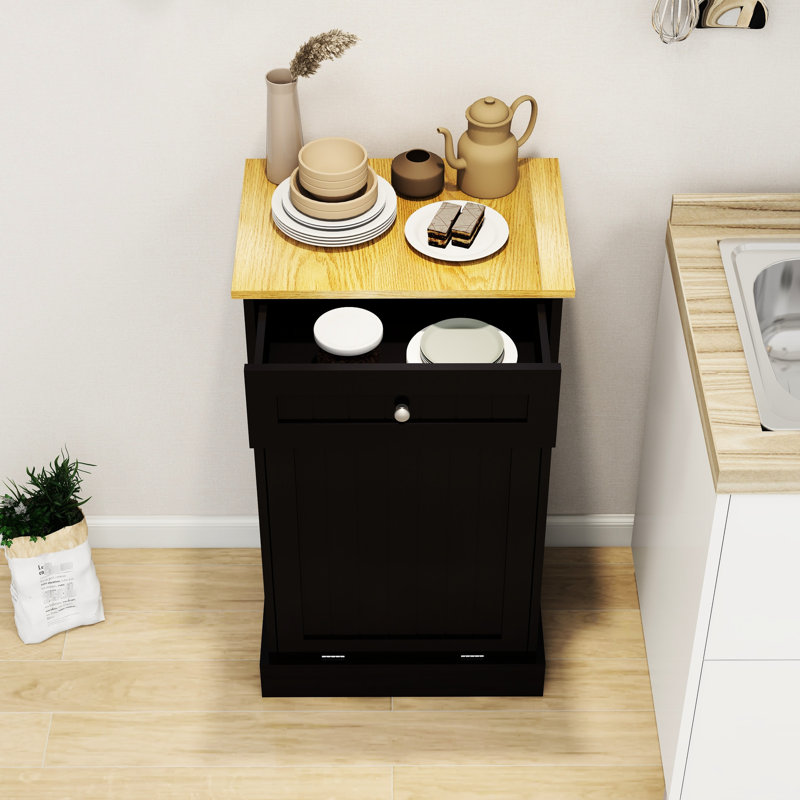 Armoire poubelle noire tendance avec design inclinable pour des bidons de 10 gallons, le dessus peut contenir un tiroir et un compartiment à cadres photo, peut être utilisé comme boîte de recyclage, bloque les odeurs