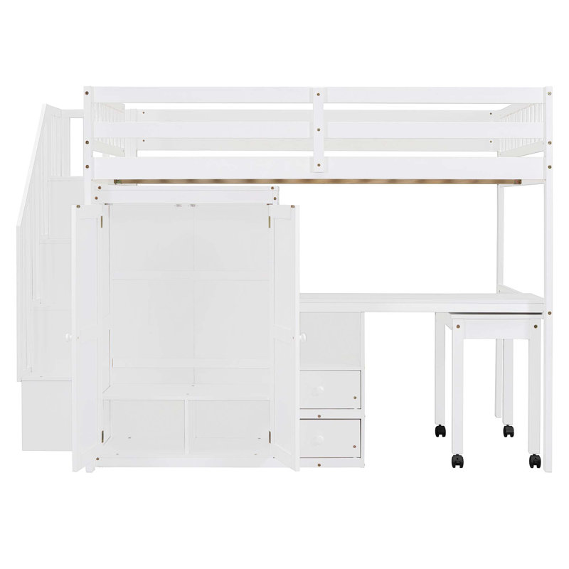 Lit mezzanine avec escalier, bibliothèque, tiroirs, bureau et garde-robe, Double, Blanc