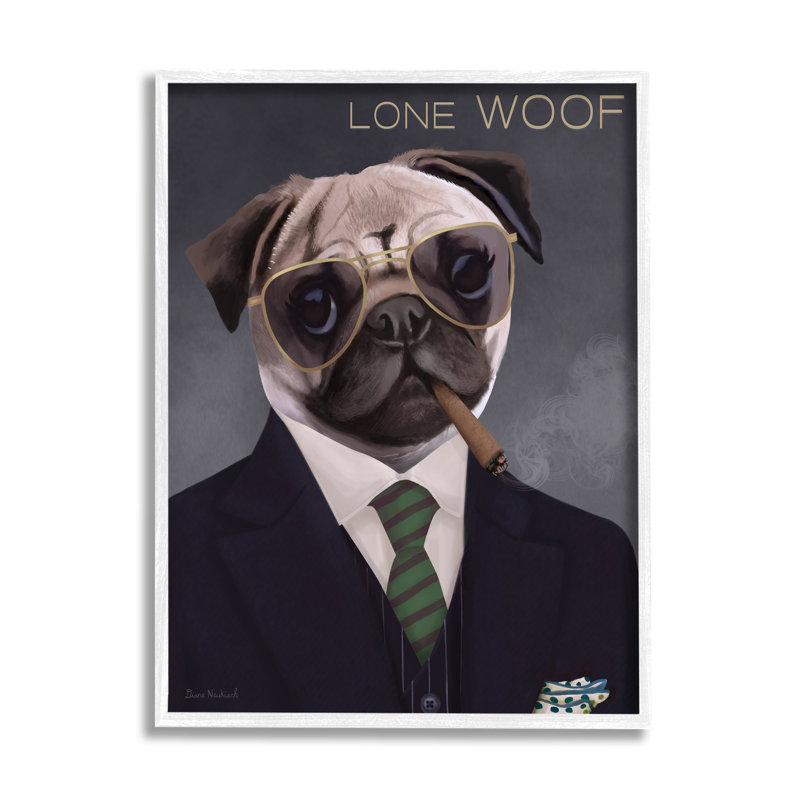 «Lone Woof Pug Dog», cigare cigare, art texturé par Diane Neukirch, L 16 po x H 20 po, Giclée encadrée blanc bord de mer