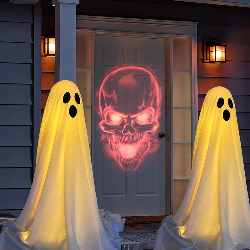 Ensemble de 2 décorations d'Halloween d'extérieur, fantôme d'Halloween fantaisiste avec guirlandes de lumières à piles, facile à assembler pour la cour avant