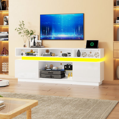 Meuble télé de 71 pouces pour téléviseurs jusqu'à 80 pouces, centre multimédia moderne et haut, finition laquée brillante, avec éclairage DEL, prises électriques et tablette en verre, console de jeux pour salon