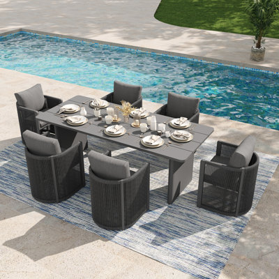 6-person Outdoor Dining Set With 1 Rectangular Slatted Table & 6 Armchairs