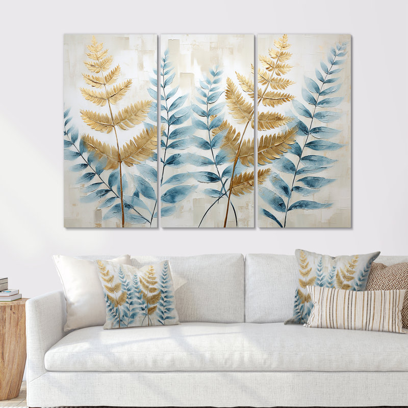 Ensemble de décorations murales Blue and Golden Ferns Symphony III - Ferns, Toile tendue, H 40 po x l 60 po x P 1 po