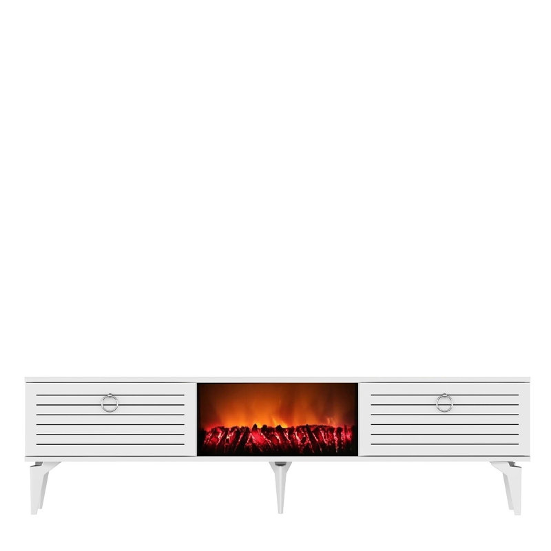 Meuble télé moderne blanc avec foyer électrique 59,1 po x 17,6 po x 11,6 po | 100% panneau de particules enduit de mélamine, 0,7 po d'épaisseur | Lumière DEL et façade en verre broyé, design élégant et fonctionnel pour le salon et les espaces de divertissement