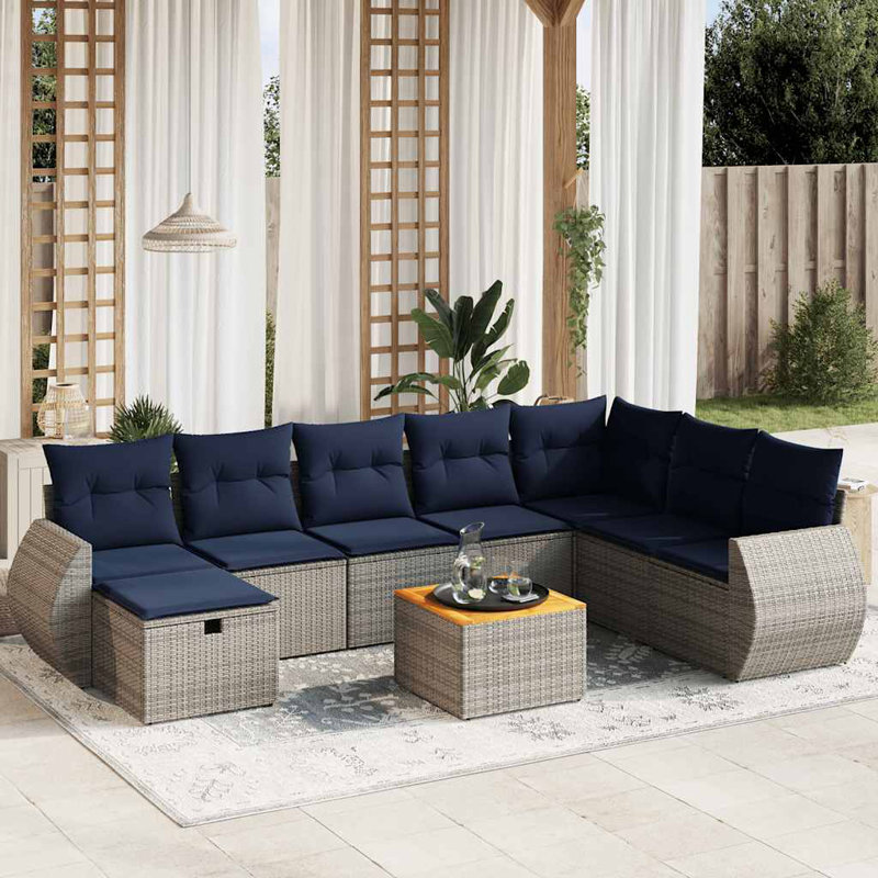 Ensemble de canapé de patio 9 pièces avec coussins en rotin de polyester, Gris, Marine