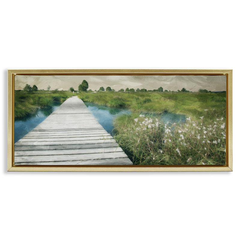 Walkway On The Marsh Floating Frame, design by Milli Villa, 11" H x 25" W, Metallic Gold Floater Frame
