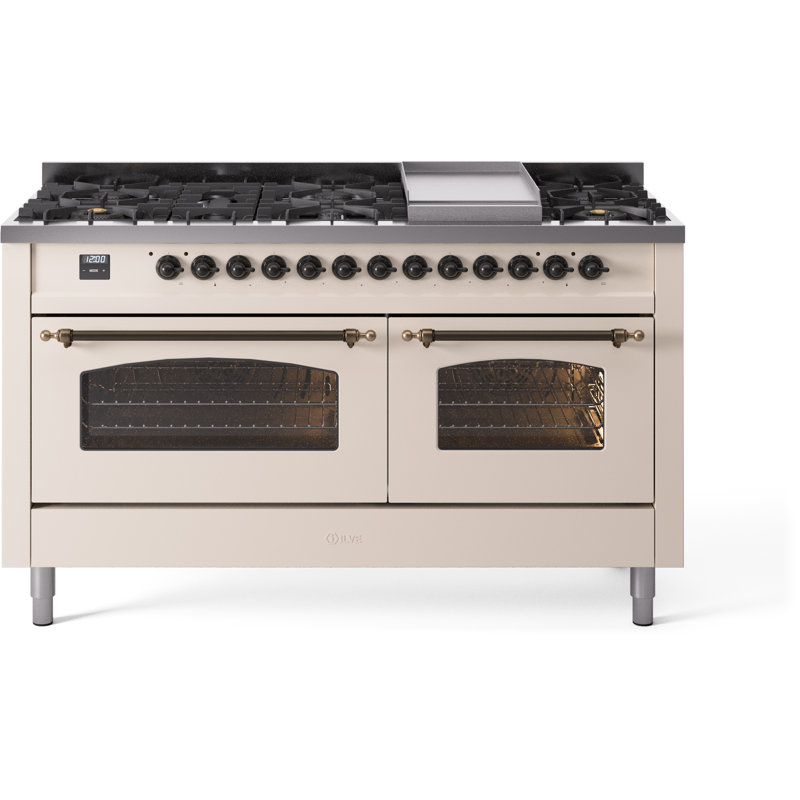 ILVE Nostalgie II 60 Dual Fuel Range, 9 Burners, Griddle, Liquid Propane, White/Copper