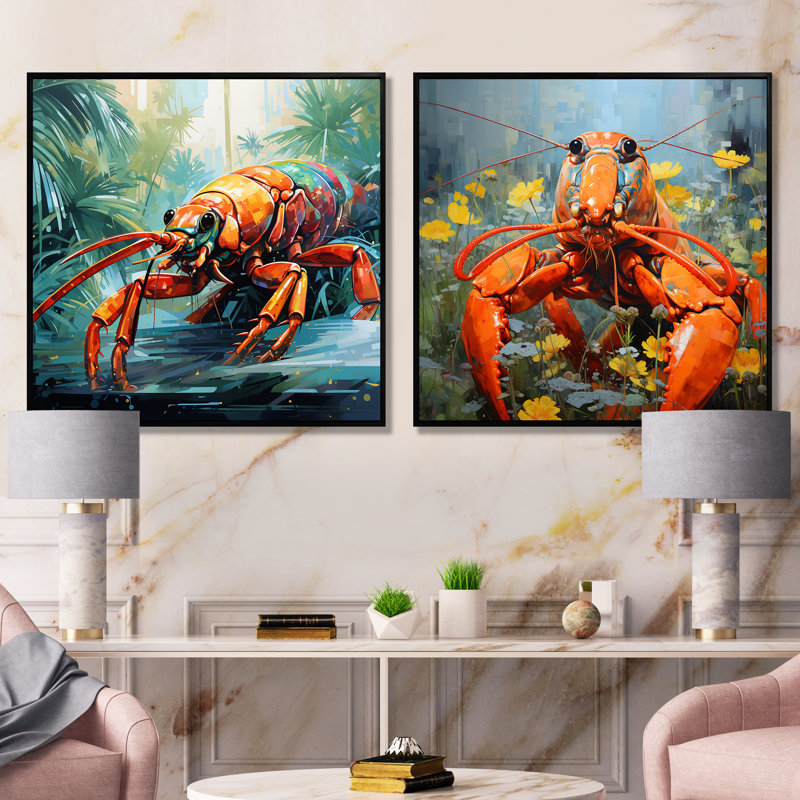 Ensemble de salon mural tropical tropical avec homard rouge I - 2, Cadre flottant noir, H 16 po x l 33 po x P 1 po