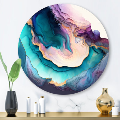 «Blue Blue Abstract Geode I», art mural rond en marbre abstrait sur métal