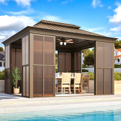 10' x12' Sunroom Gazebo, Fully Enclosed Outdoor Sunroom with Lockable Sliding Doors, Galvanized Steel Double Roof Hardtop Gazebo, Aluminum Frame Patio Solarium for Backyard