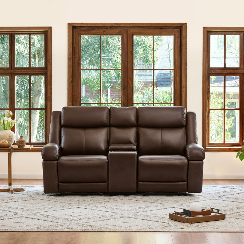 Zachery Genuine Leather Power Reclining Sofa with Multifunctional Console, Dark Brown, 2