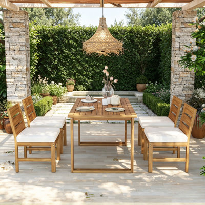 4-Person Acacia Wood Rectangular Outdoor Dining, Cushions Included
