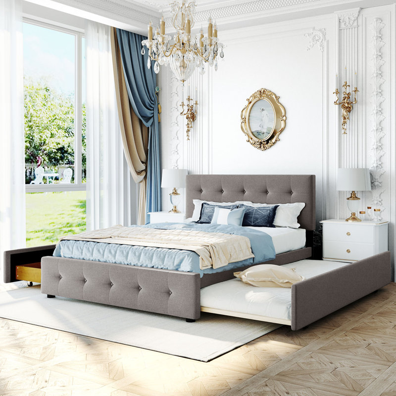 Dearbhaile Queen Tufted Storage Platform Bed with Trundle and Headboard, Light Gray