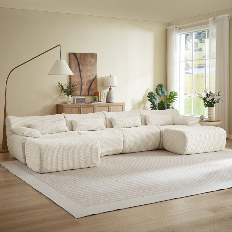 Canapés modulaires pour salon, canapé convertible en U avec repose-pieds, Velours côtelé crème