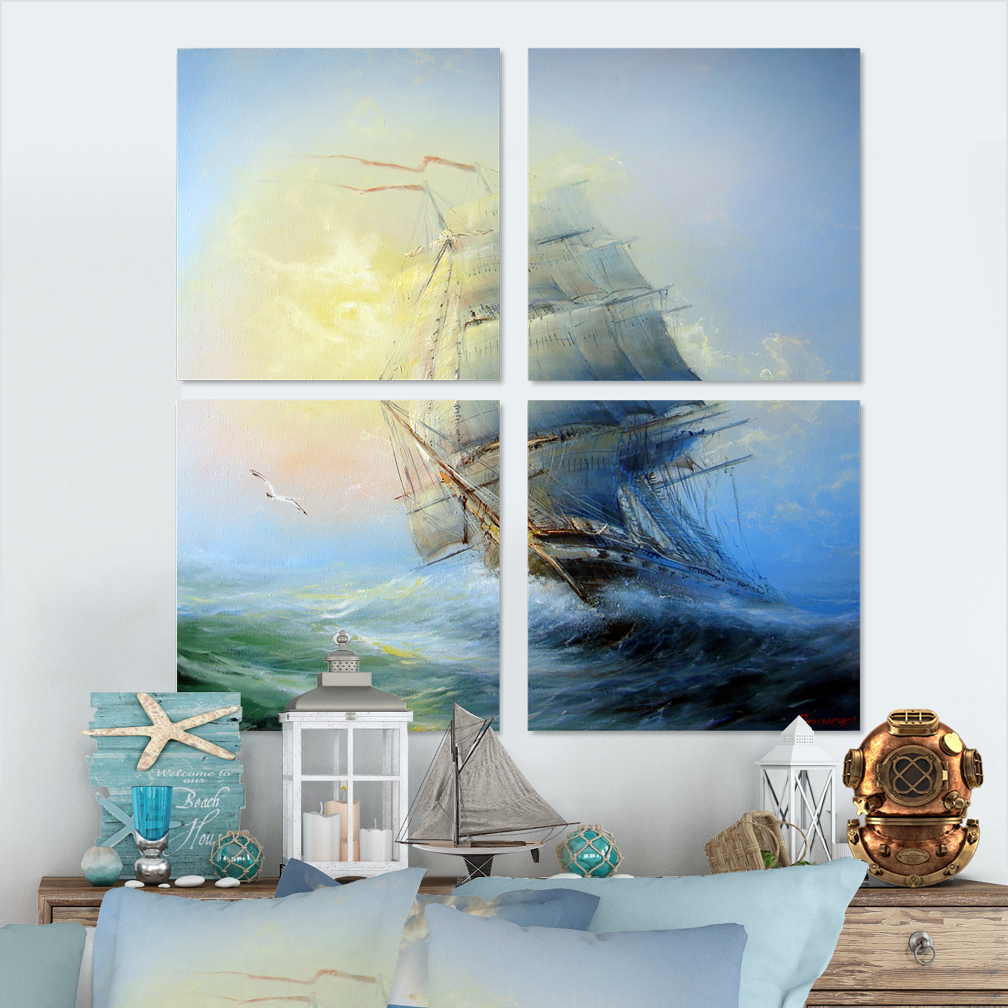 Old Fishing Boat - Boats Canvas Wall Art Print 4 Piece Set Longshore Tides