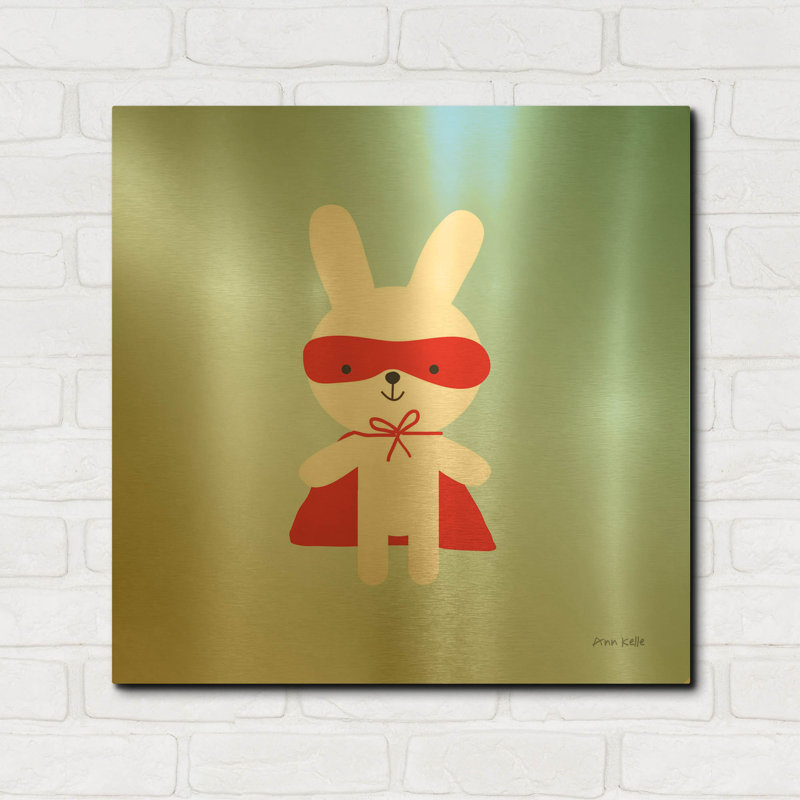 «Rabbit Super Hero» par Ann Kelle, art mural en métal doré, 12 po x 12 po, 24 po x 24 po