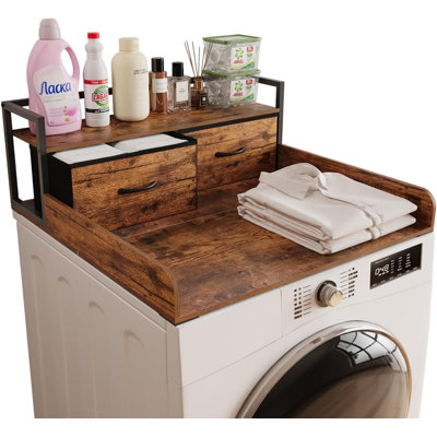 2-tier Washer Dryer Countertop Organizer With Fabric Drawers, Shelf, Guardrail And Non-slip Pads For Laundry Room Storage