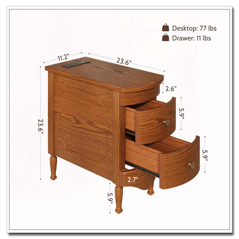 Table de bout avec station de charge, table d'appoint étroite avec 2 tiroirs, Marron foncé
