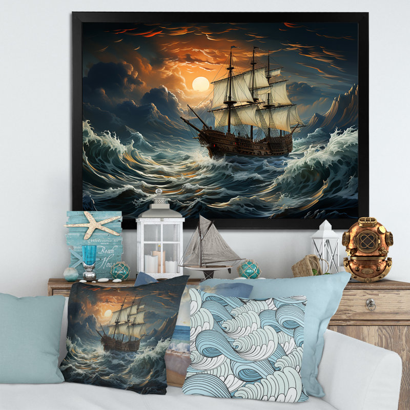 «Pirate Ship Legacy II», art mural pirate, H 34 po x l 44 po x P 1,5 po, Cadre d'angle fermé noir