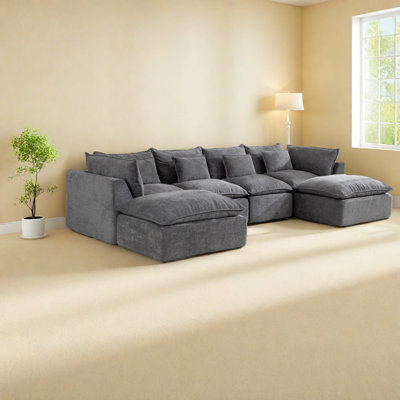 Canapés d'angle modulaires modernes, tissu gaufré en coton de 129,8 pouces, 4 places et 2 poufs