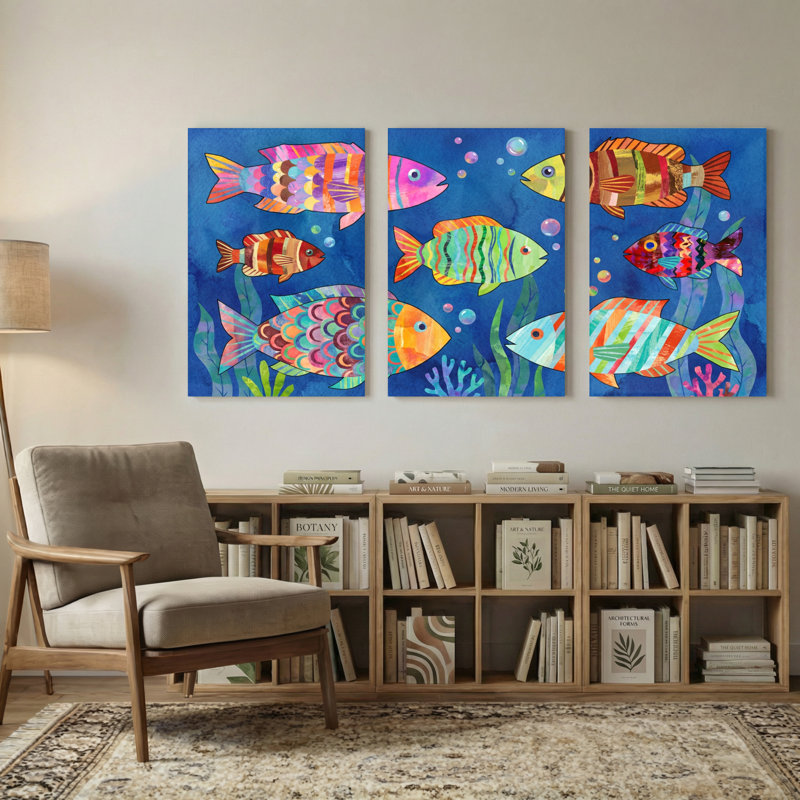 Animals Colorful Fish Underwater Scene Pattern Set of 3 Canvas Wall Art Prints, 18" H x 36" W