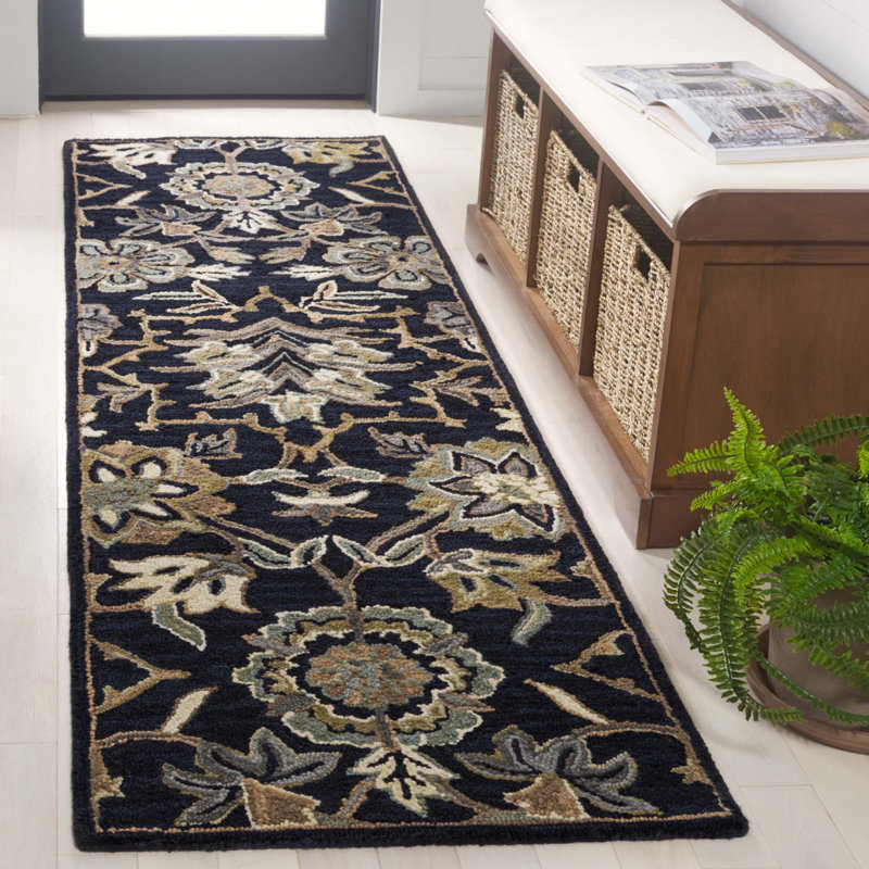 Tapis floral en laine et coton touffeté à la main Bijal - beige / noir, Tapis de couloir 2 pi 3 po x 8 pi