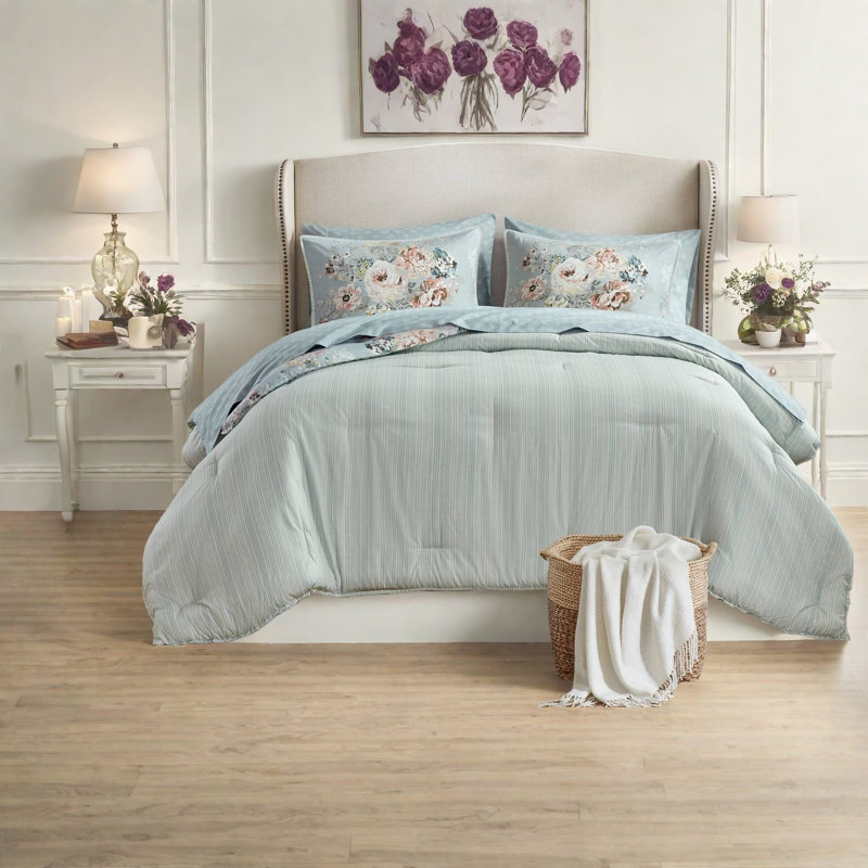 Chic Farmhouse Bedding Sets, Polyester Comforter & Sheets, Blue Floral Design