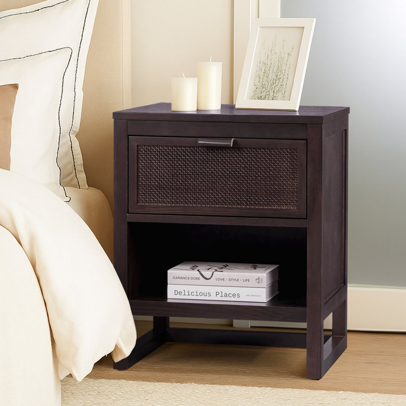 Ameer Nightstand with 1 Deep Drawer and Open Shelf Storage, Espresso