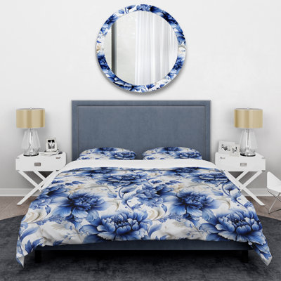 Ensemble de housse de couette beige et bleu à motif damassé Dahlia II
