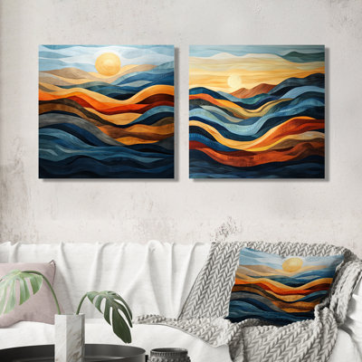 Orange orange, bleu sarcelle, paysage audacieux III - paysages abstraits, art mural - décoration murale moderne 2 pièces