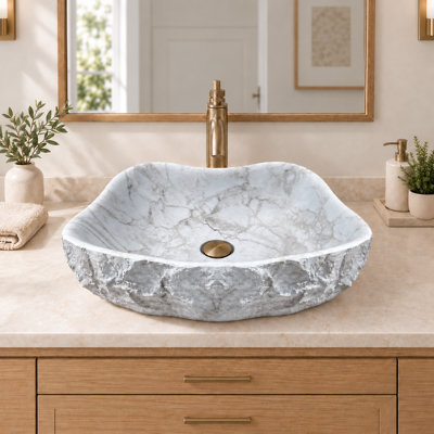 19" Oval Solid Surface Vessel Bathroom Sink with Chiseled Stone Exterior in Grey and Speckled White