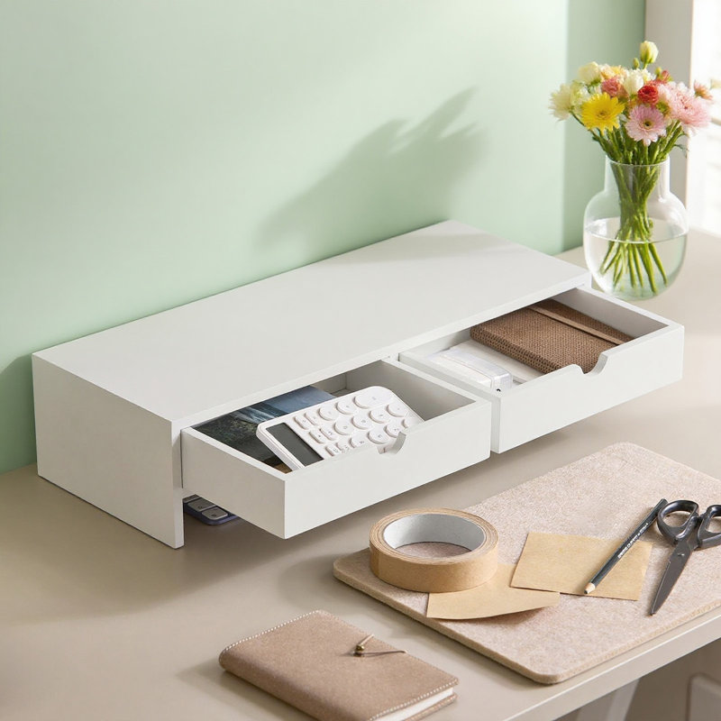 Support pour écran d'ordinateur blanc pour bureau avec 2 tiroirs, support pour écran d'ordinateur, Blanc