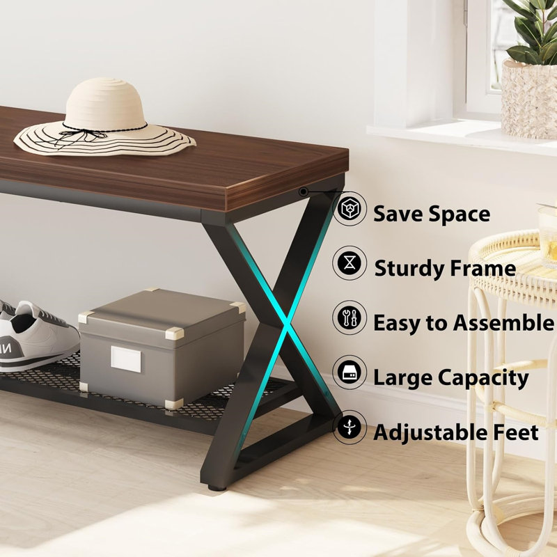 Entryway Bench With Storage, Wood And Metal Indoor Bench For Entry Way