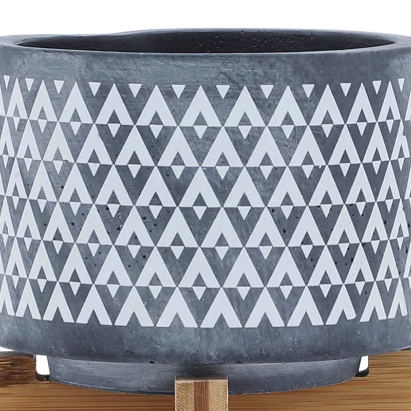 Pot à fleurs aztèque en céramique sur support en bois de 5 po, gris