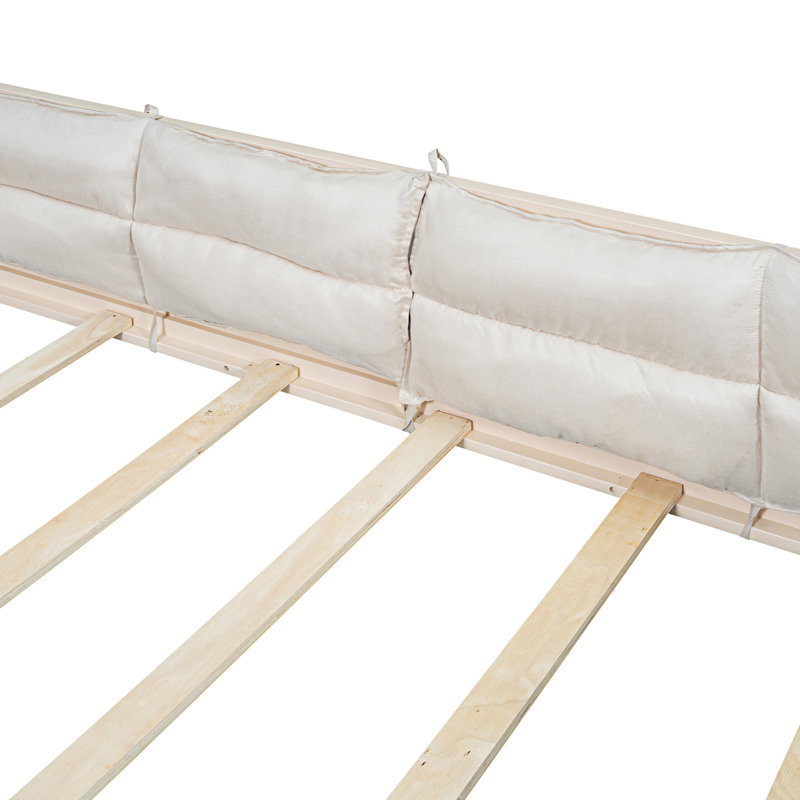 Lit plateforme tapissier en bois avec garde-corps et coussin, Beige