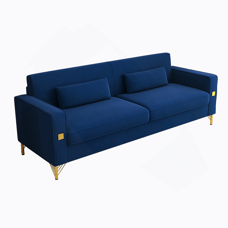 Canapé rembourré en velours de luxe à 3 places avec accents dorés, coussins moelleux pour un salon confortable et une décoration de bureau
