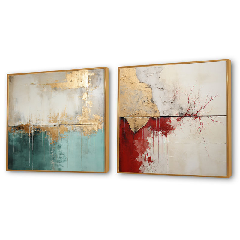 Minimalisme - horizon doré et bleu sarcelle - ensemble de 2 collages abstraits carrés, Cadre flottant doré, H 16 po x l 33 po