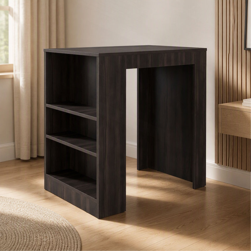 Îlot de cuisine Lacour, table de bar avec 3 tablettes latérales, foncé