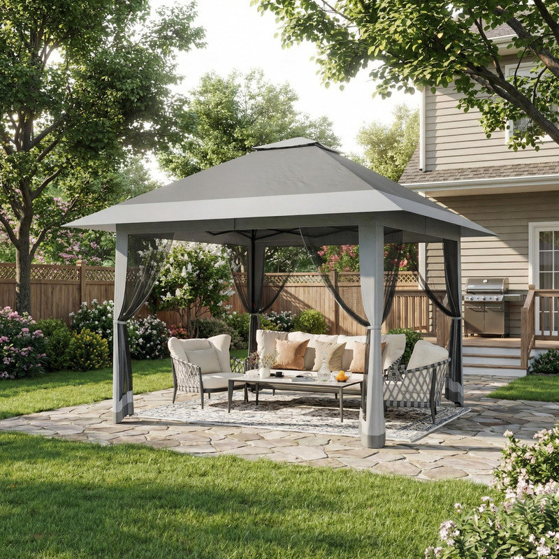 4m x 4m Pop Up Gazebo with Mosquito Net, Waterproof Double Roof Garden Shelter with Carry Bag, Grey
