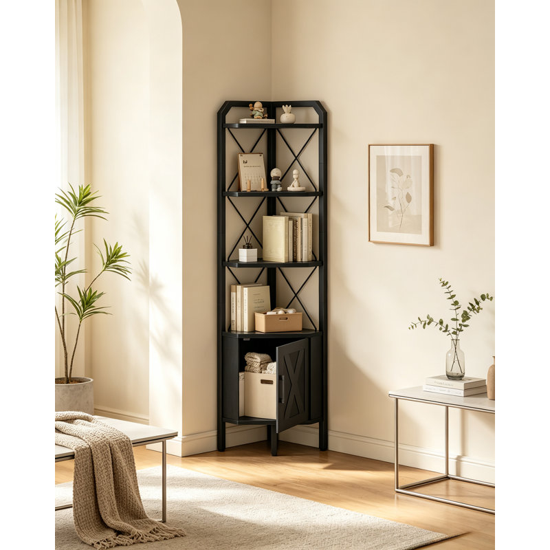 Bibliothèque d'angle avec armoire - bibliothèque de coin à 4 niveaux, conception en X et treillis, Noir