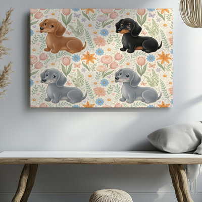 Mignon chiot teckel, dessin de chiens, motif floral, décoration de chambre d'enfant, impression sur toile pour le salon, la chambre à coucher, le bureau, le couloir, le vestibule, le mur de la galerie et la décoration moderne