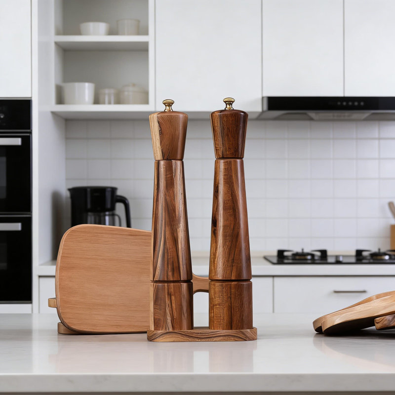 Ensemble de moulins à sel et à poivre en bois d'acacia avec plateau - Moulins réglables en céramique et en acier inoxydable pour les épices fraîchement moulues