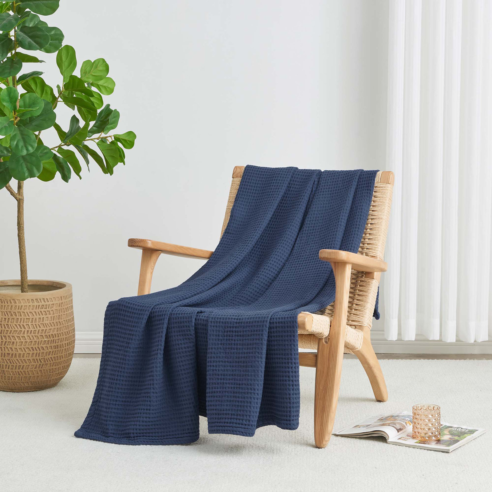 Cotton Waffle Weave Throw Blanket, King, Navy