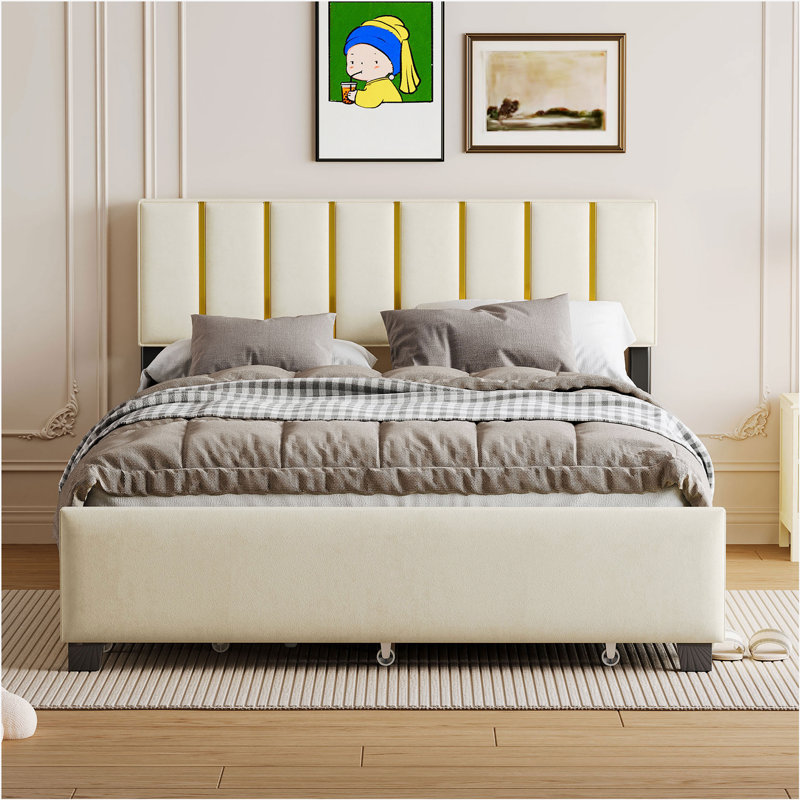 Masaye Upholstered Platform Bed With 2 Drawers And 1 Trundle, Beige