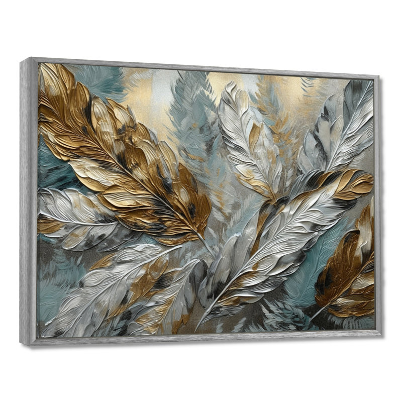 Argent et or Expressions de la liberté I - plume bohème, art mural, H 34 po x l 44 po x P 1,5 po, Encadrement argenté