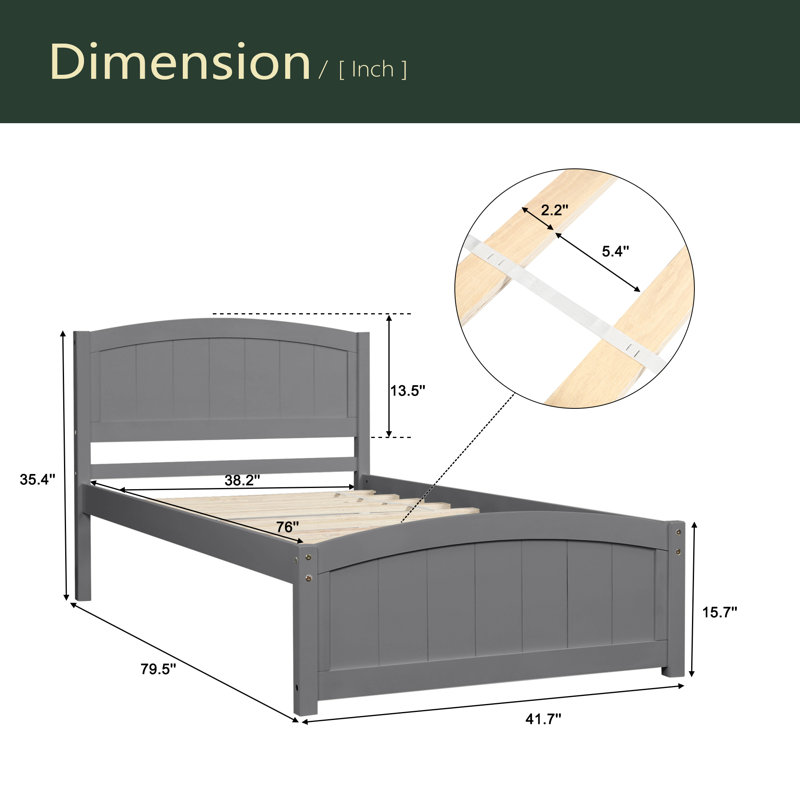 Lit plateforme en bois avec tête de lit, pied de lit et lattes en bois, Gris
